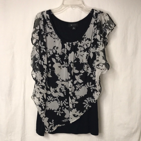 Ab Studio Women’s Layered Tunic Top Size M Black White Sheer Asymmetric Overlay - Picture 1 of 11